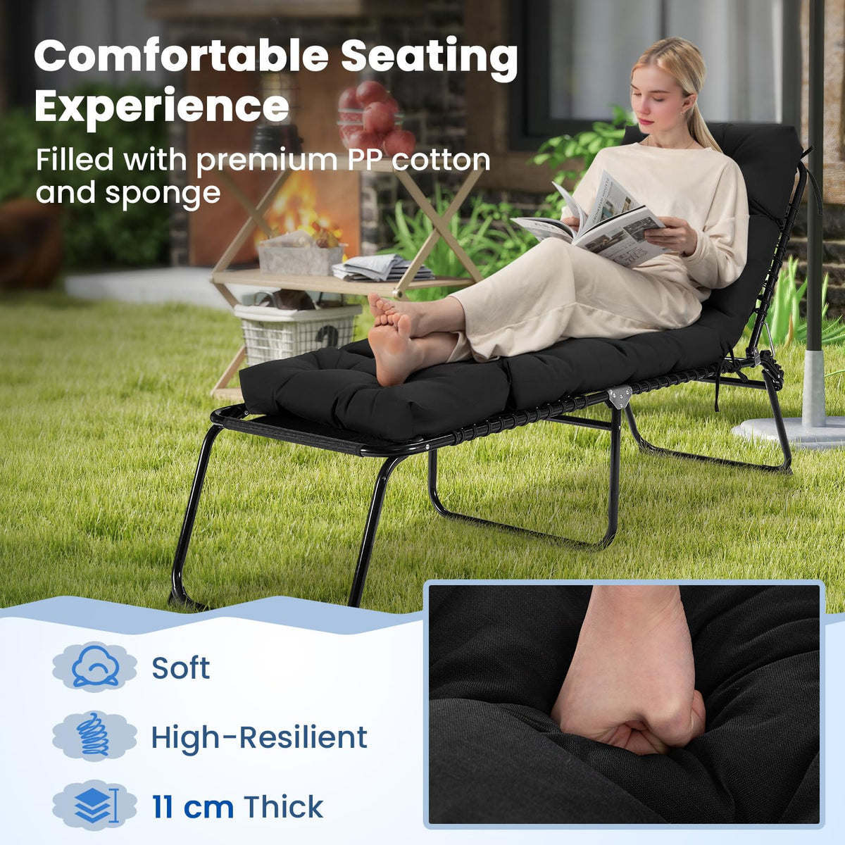 Black Outdoor Lounge Chair with 4-Position Backrest and Removable Lounge Cushion