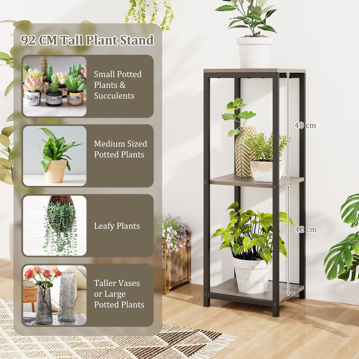 3 Tier Tall Metal Plant Stand with Anti-tipping Device for Balcony Living Room Office