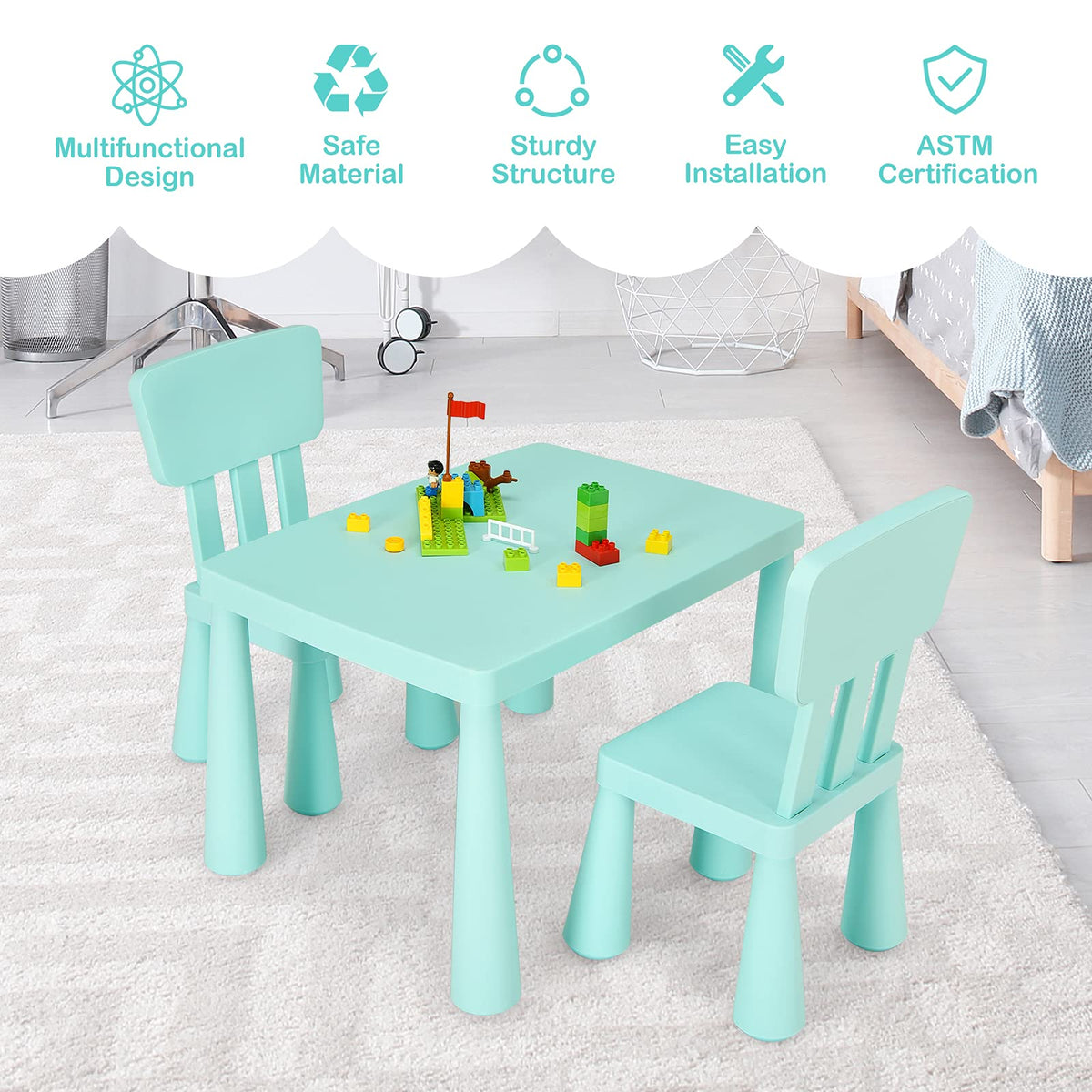 Kids Table and Chair Set, 3 Piece Children Activity Table for Reading