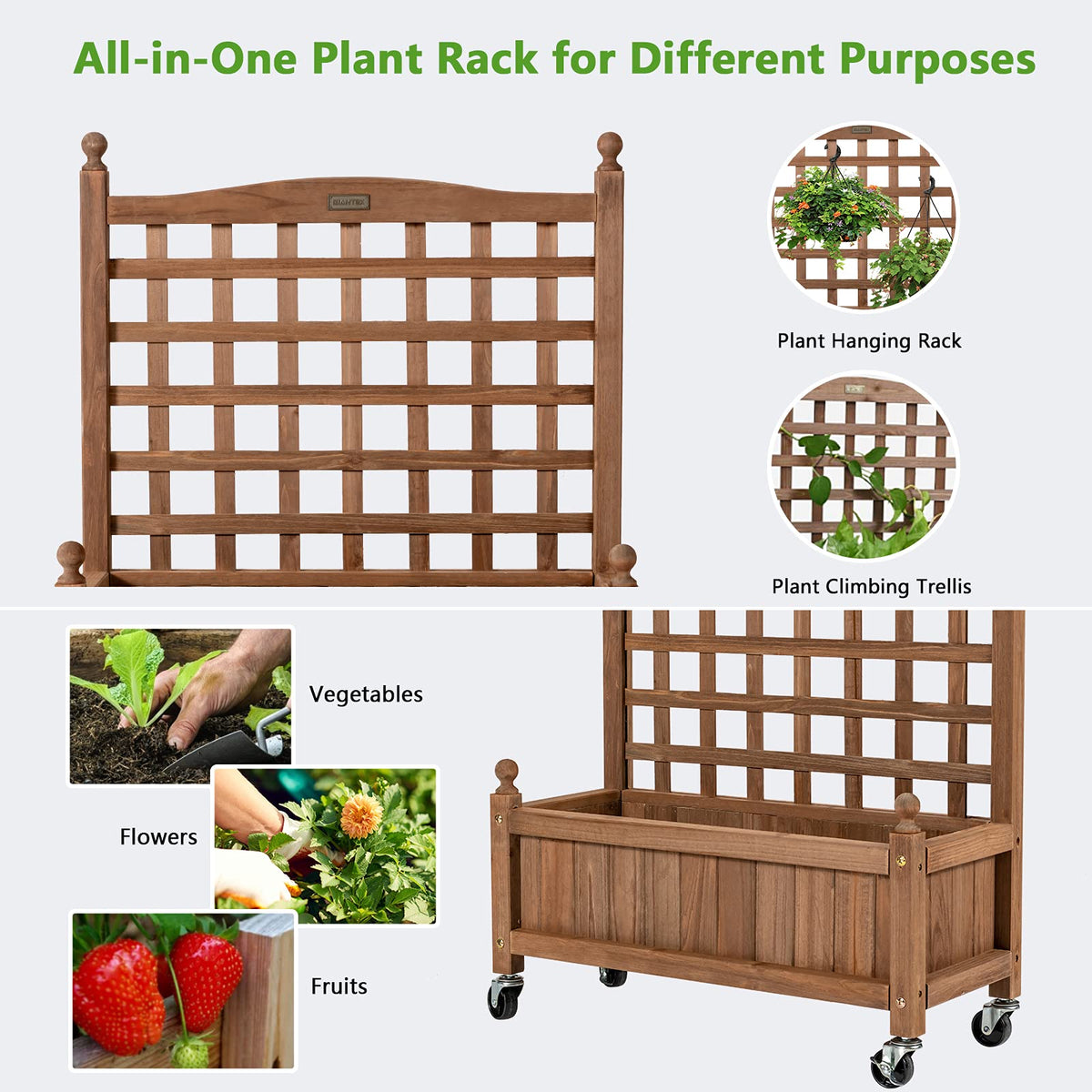 Giantex Mobile Plant Raised Bed, Solid Wood Planter Bed w/ High Lattice Trellis