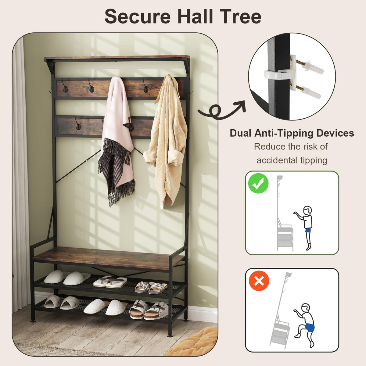 Giantex Coat Rack, 4-in-1 Hall Tree with 11 Hanging Hooks, Shoe Bench, 2-Tier Shoe Rack