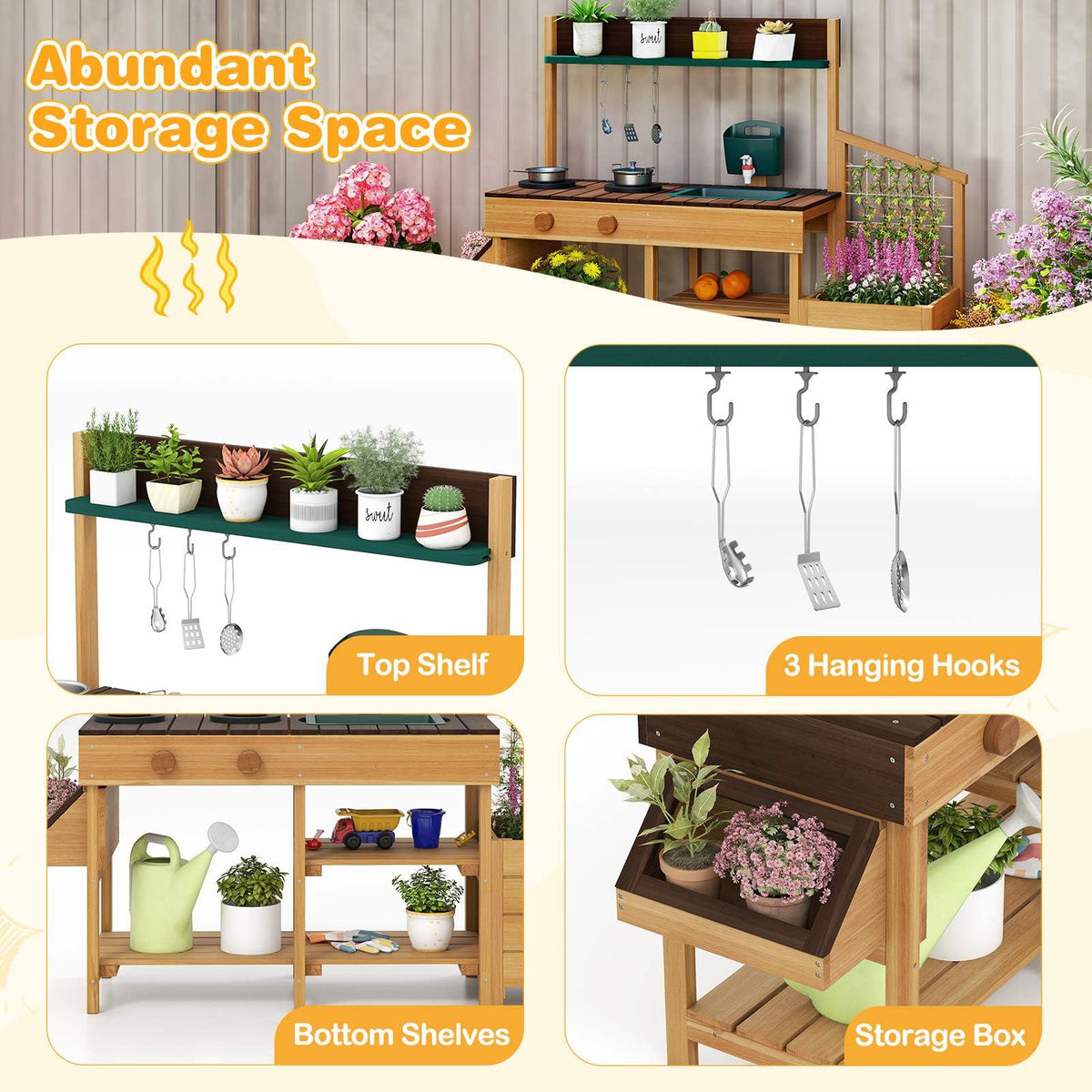 Outdoor Play Kitchen for Kids Wooden Toy Kitchen Playset with Removable Faucet
