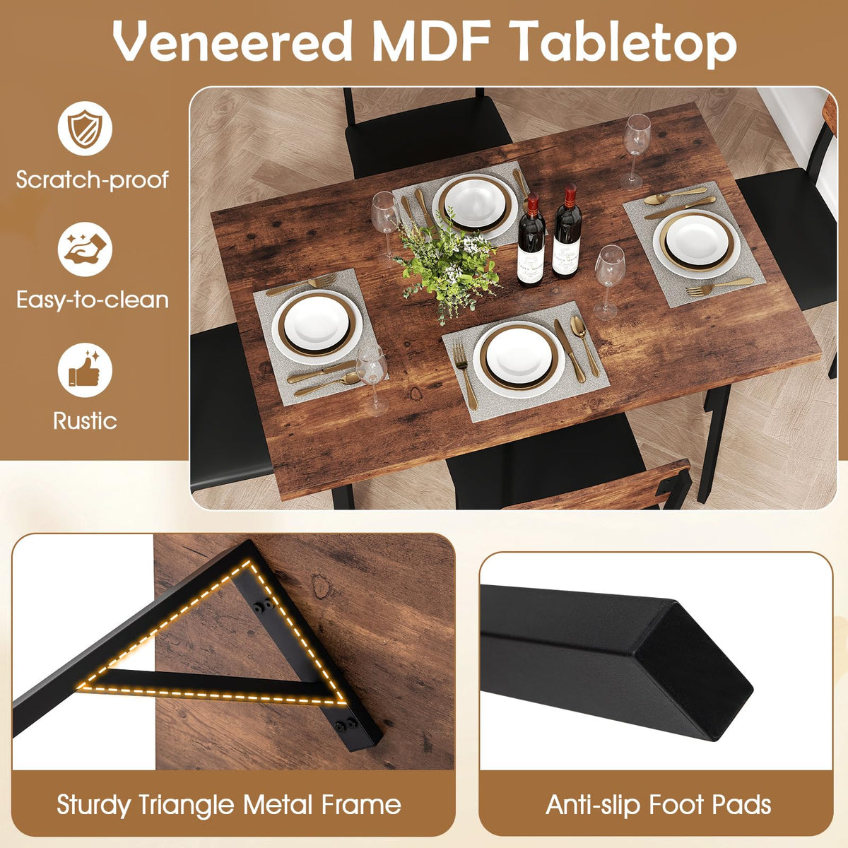 5-Piece Dining Table Set Industrial Kitchen Table and 4 PU Leather Upholstered Chairs