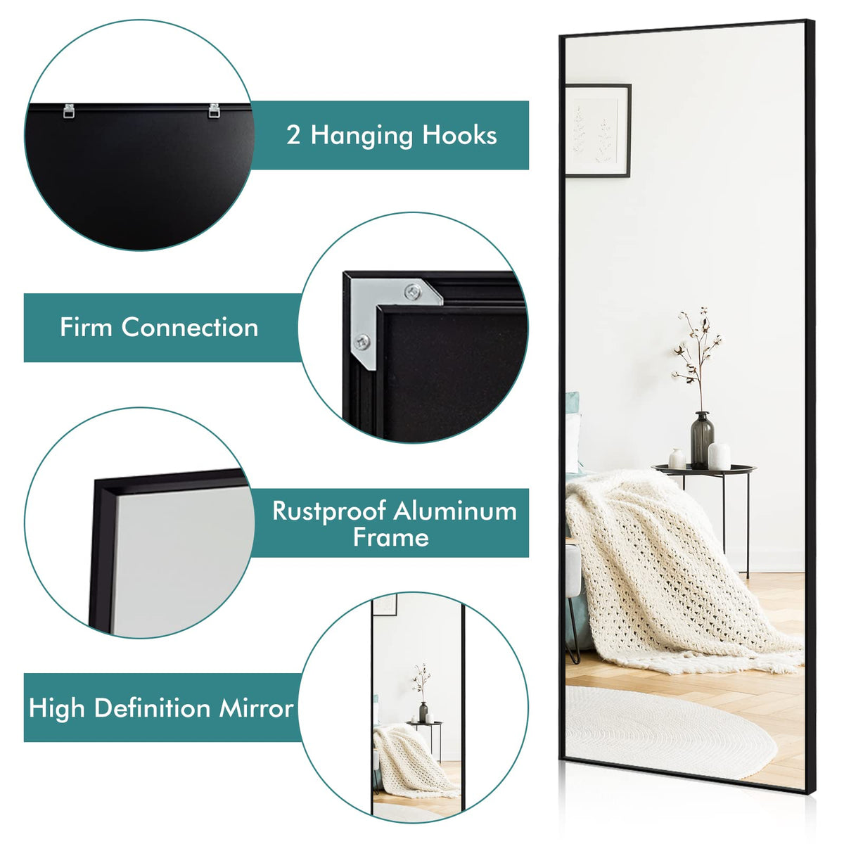 GIANTEX Full Length Mirror, 150x56cm, Full Body Mirror w/ Aluminum Frame & Explosion-Proof Glass (Black)