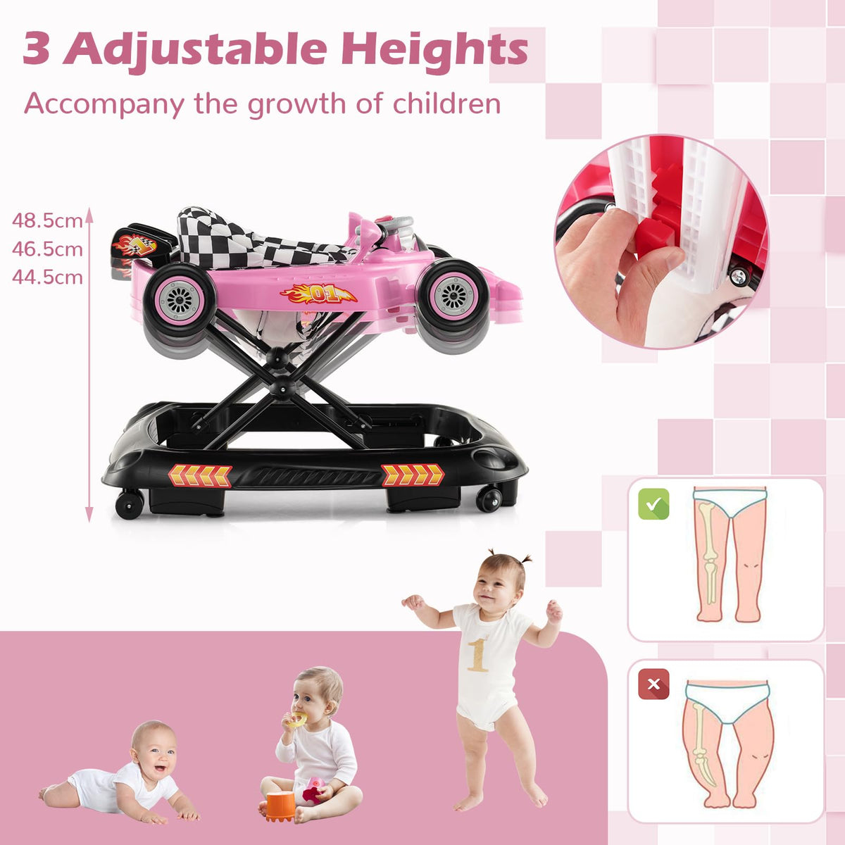 Foldable Baby Walker with 3 Adjustable Height Settings for 7-14 Months Boys Girls