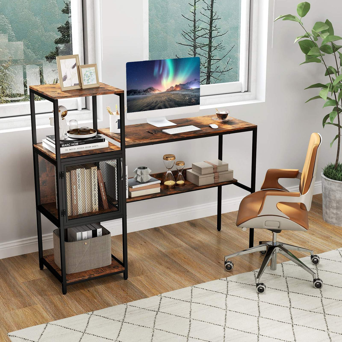 Home Office Desk with Storage Cabinet & Shelves