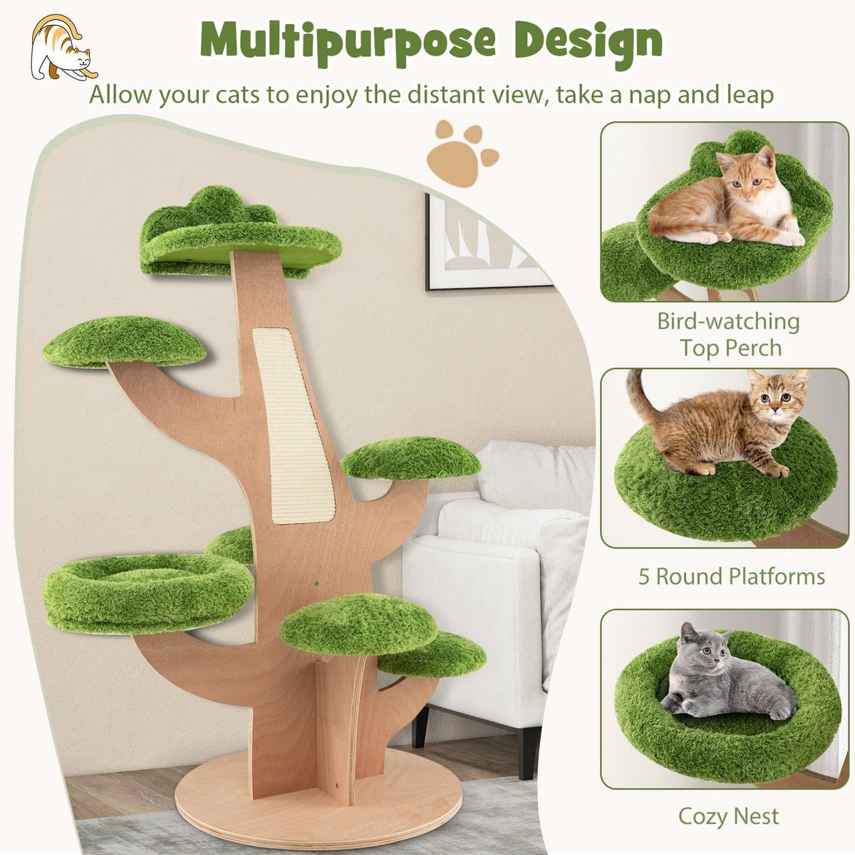 1.3M Pine Shape Cat Tree for Indoor Cats, Cute Multi-Level Cat Tower w/Sisal Scratching Board