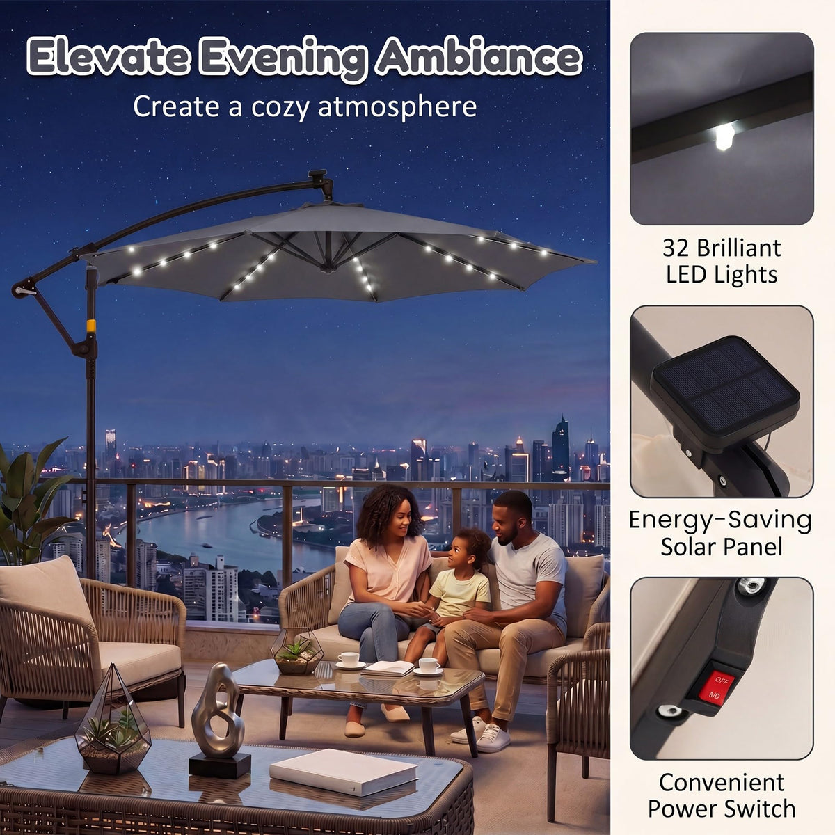 3m Solar Offset Hanging Umbrella with 32 LED Lights and 360° Rotation