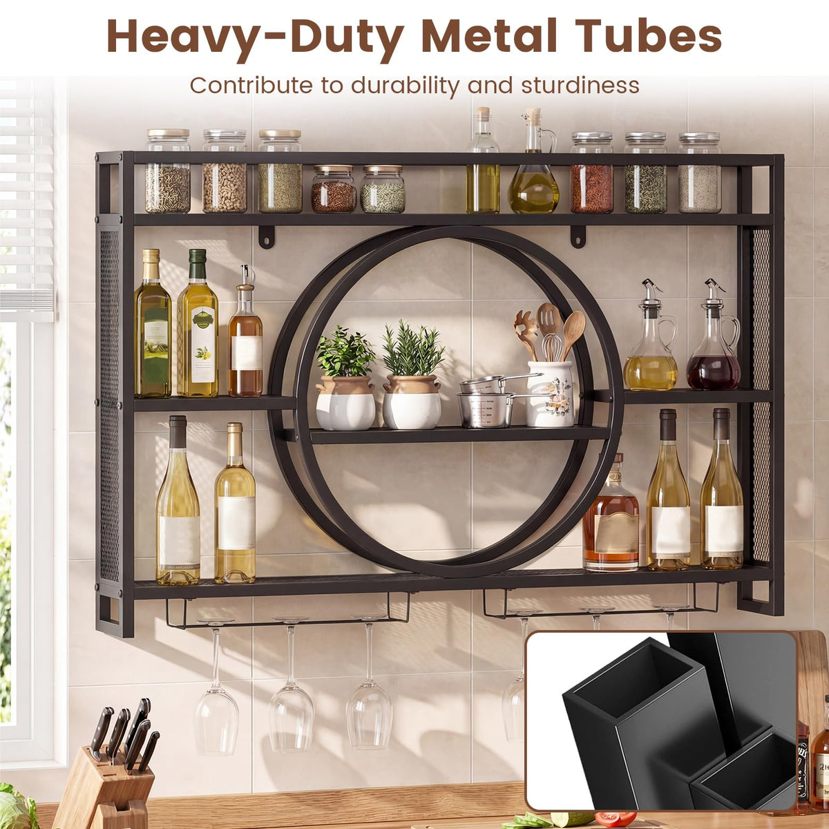 3-Tier Wall Mounted Wine Rack with Glass Holder for Home Bar