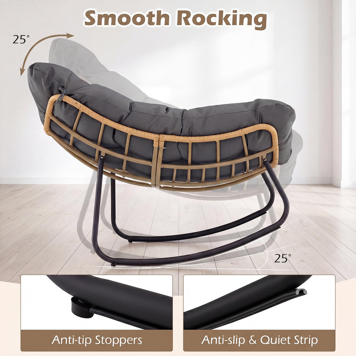 Outdoor Papasan Rocking Chair, Oversized PE Wicker Patio Egg Chair