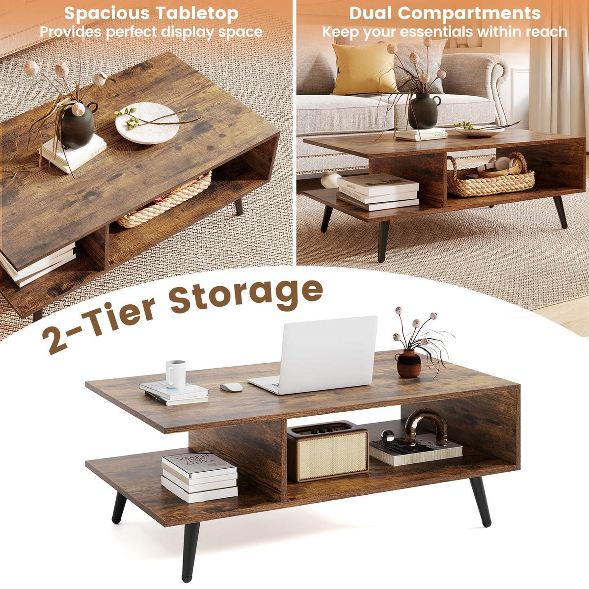 2-tier Coffee Table with 2 Open Shelves and Heavy-duty Metal Frame
