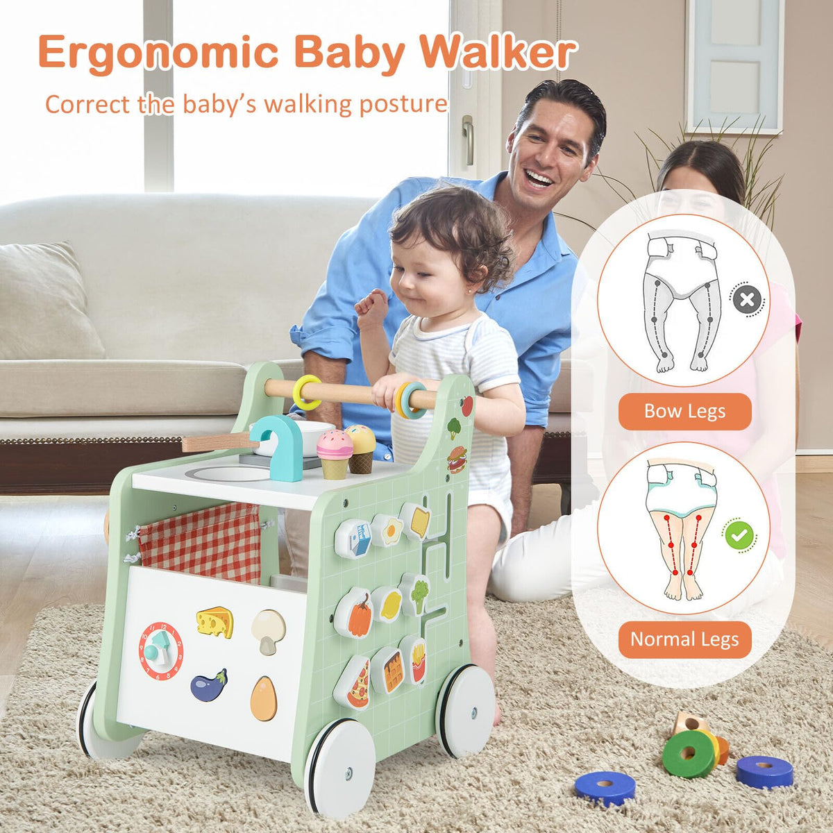 6-in-1 Toddler Push and Pull Walker with Play Kitchen for Kids-Green