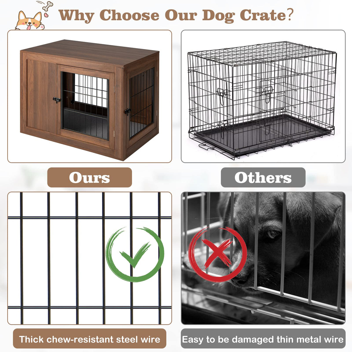 Furniture Dog Crate, Pet Crate End Table w/Cushion, Double Doors, Mesh, Indoor Use Dog Cage House