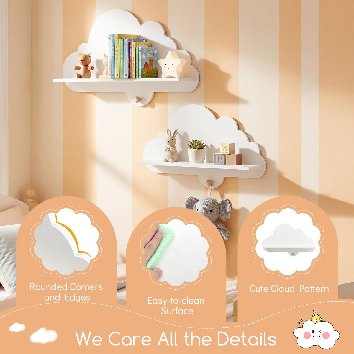 Cloud Shape Wall Shelves with Hooks for Kid Room and Nursery Decor