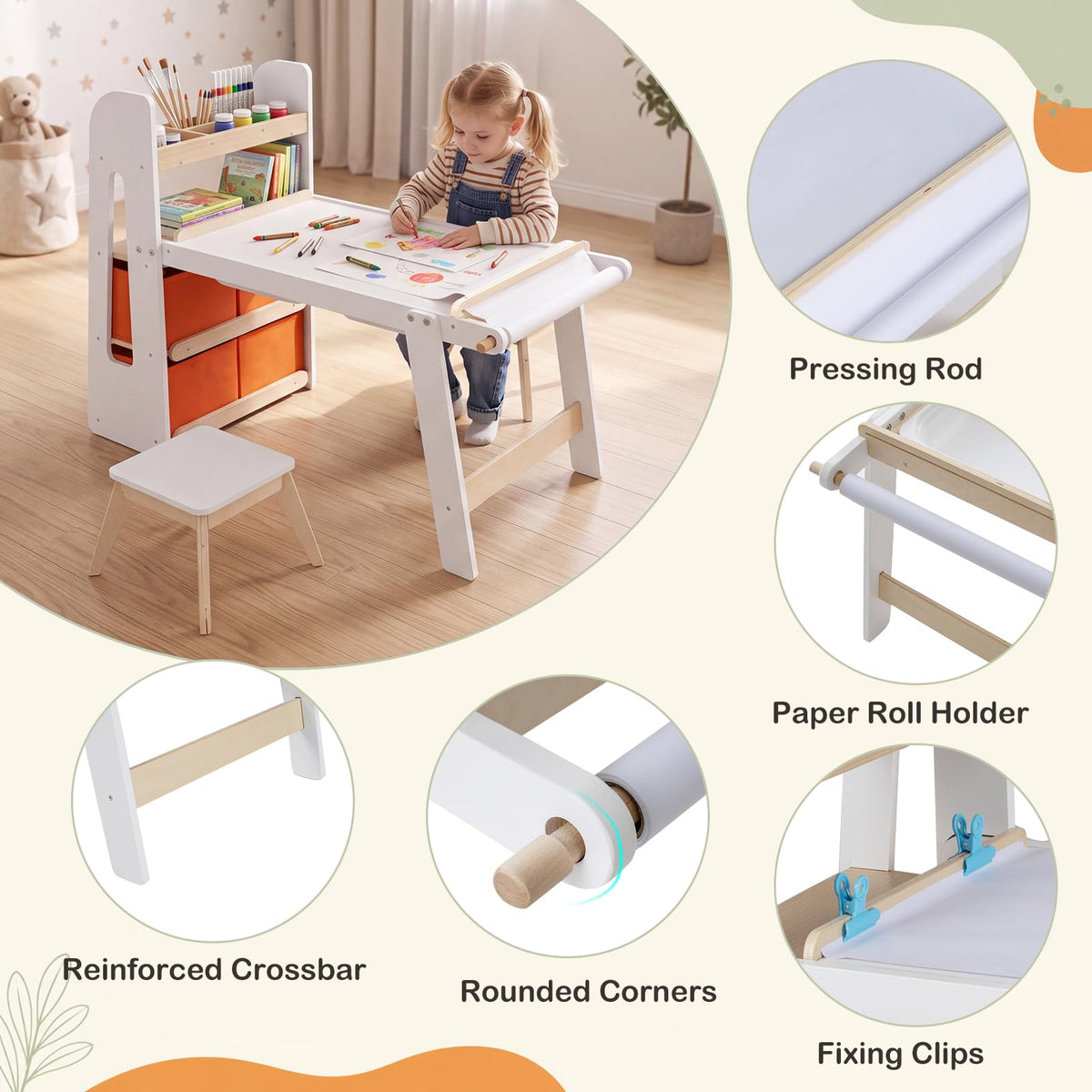 Kids Sensory Art Table 2 Chairs Set with Paper Roll Blackboard and 2 Detachable Activity Basins