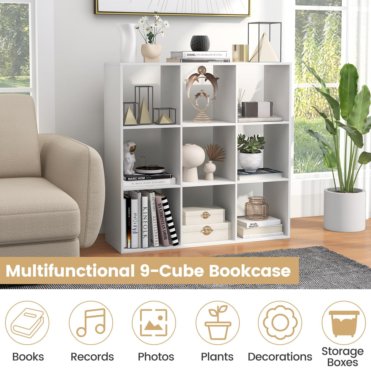 9-Cube Bookshelf, Modern Cubby Bookcase with Back