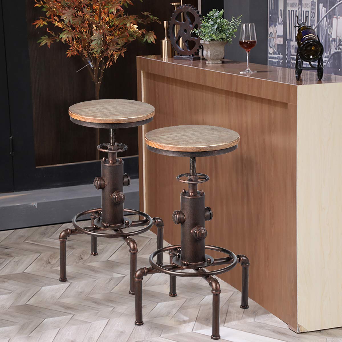 Industrial Bar Stool Wood Seat Water Pipe Fire Hydrant Design Height Adjustable