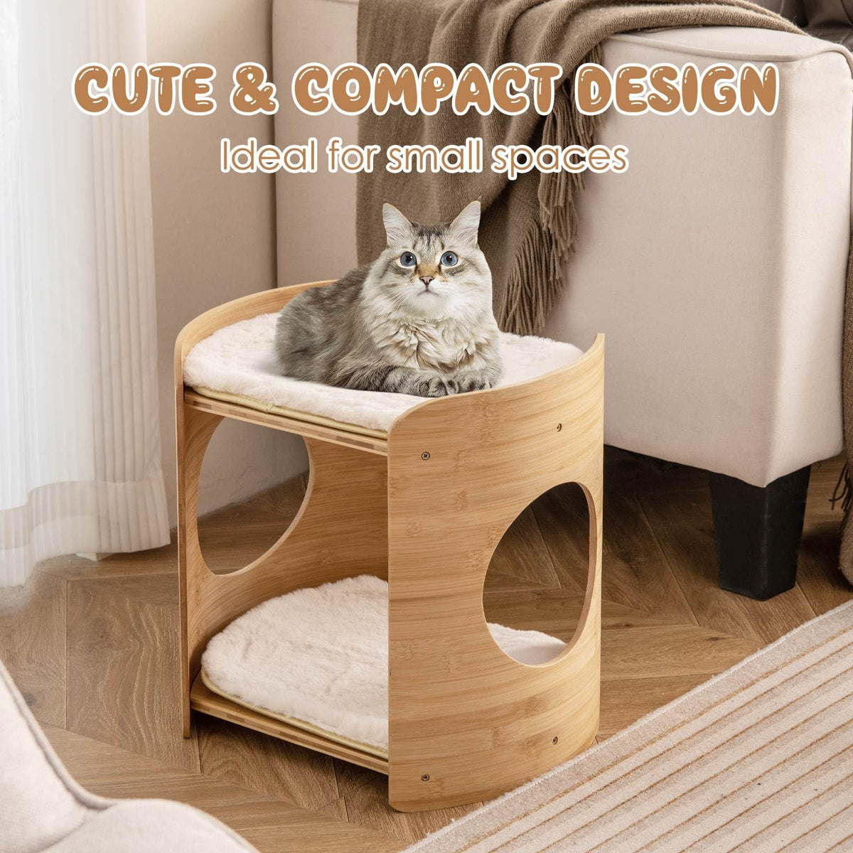 Cute Bamboo Cat Tree with Double Beds and Removable Cushions