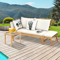 Outdoor Convertible Acacia Wood Daybed, Couch Sofa Bed w/Adjustable Armrest