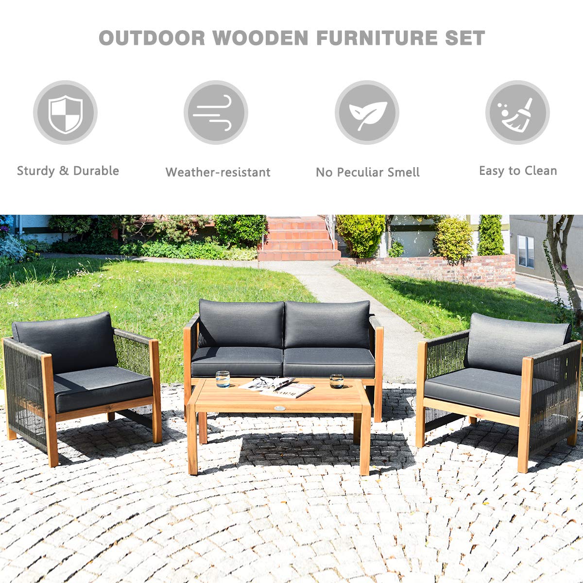 4 Pieces Acacia Wood Patio Conversation Set with Armrest