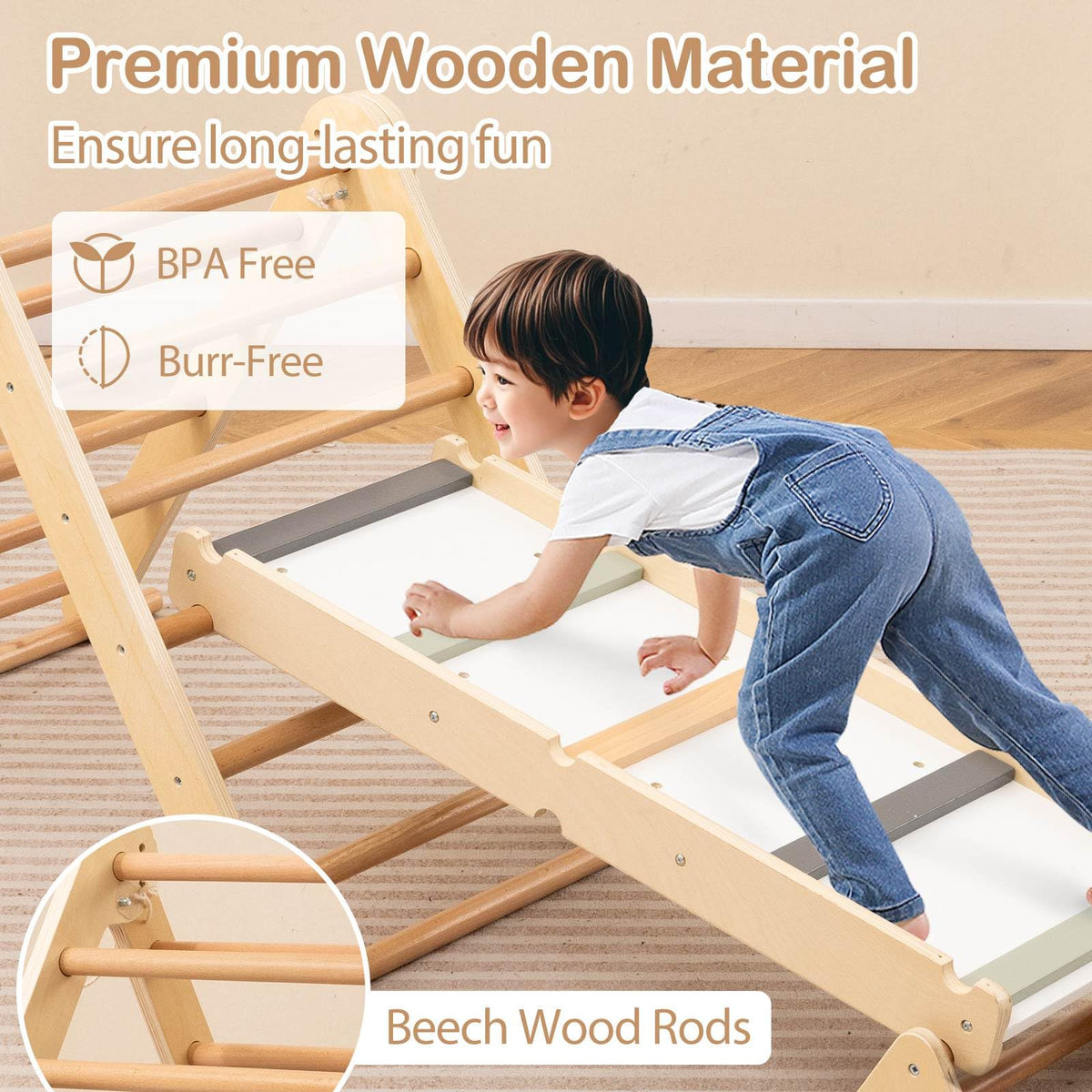 3-in-1 Pikler Triangle Climbing Set with Dual-Side Ramp and Adjustable Climbing Triangle