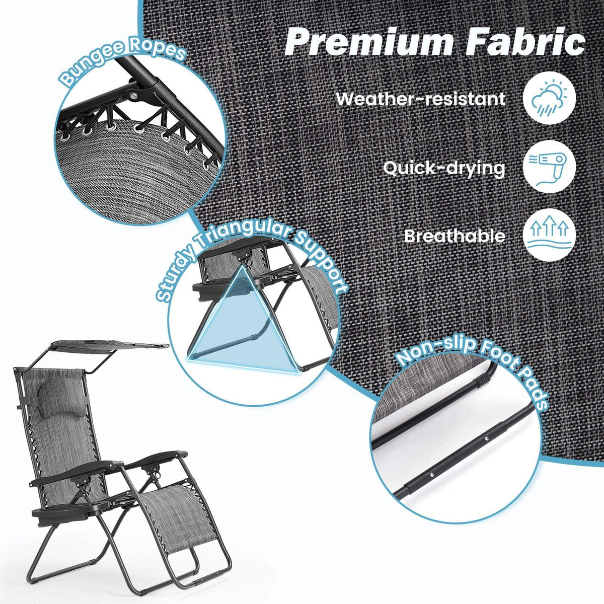 Large Folding Recliner with Awning and Headrest