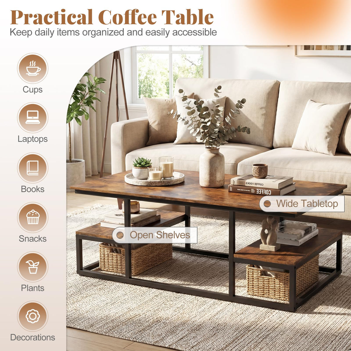 Rectangle Center Table with Open Shelves and Metal Frame for Living Room