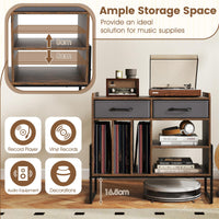Large Record Player Stand with 2 Fabric Drawers and Adjustable Shelf for Living Room and Office