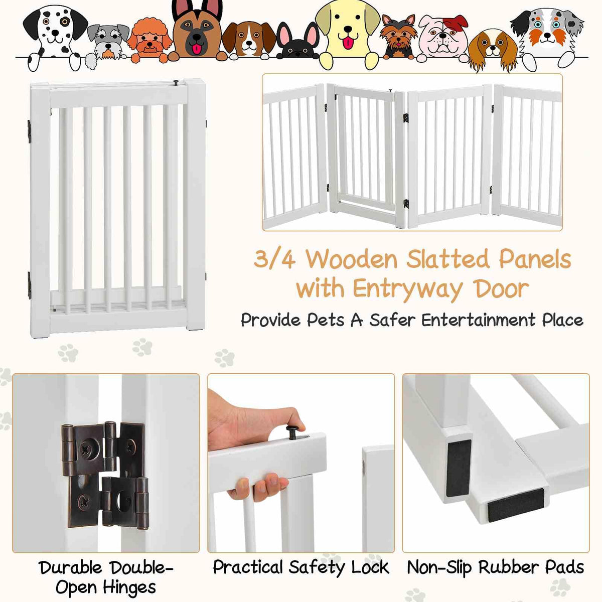 Freestanding Pet Gate, 4 Panel Wooden Folding Dog Fence w/Walk Through Door