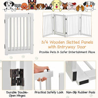 Freestanding Pet Gate, 4 Panel Wooden Folding Dog Fence w/Walk Through Door