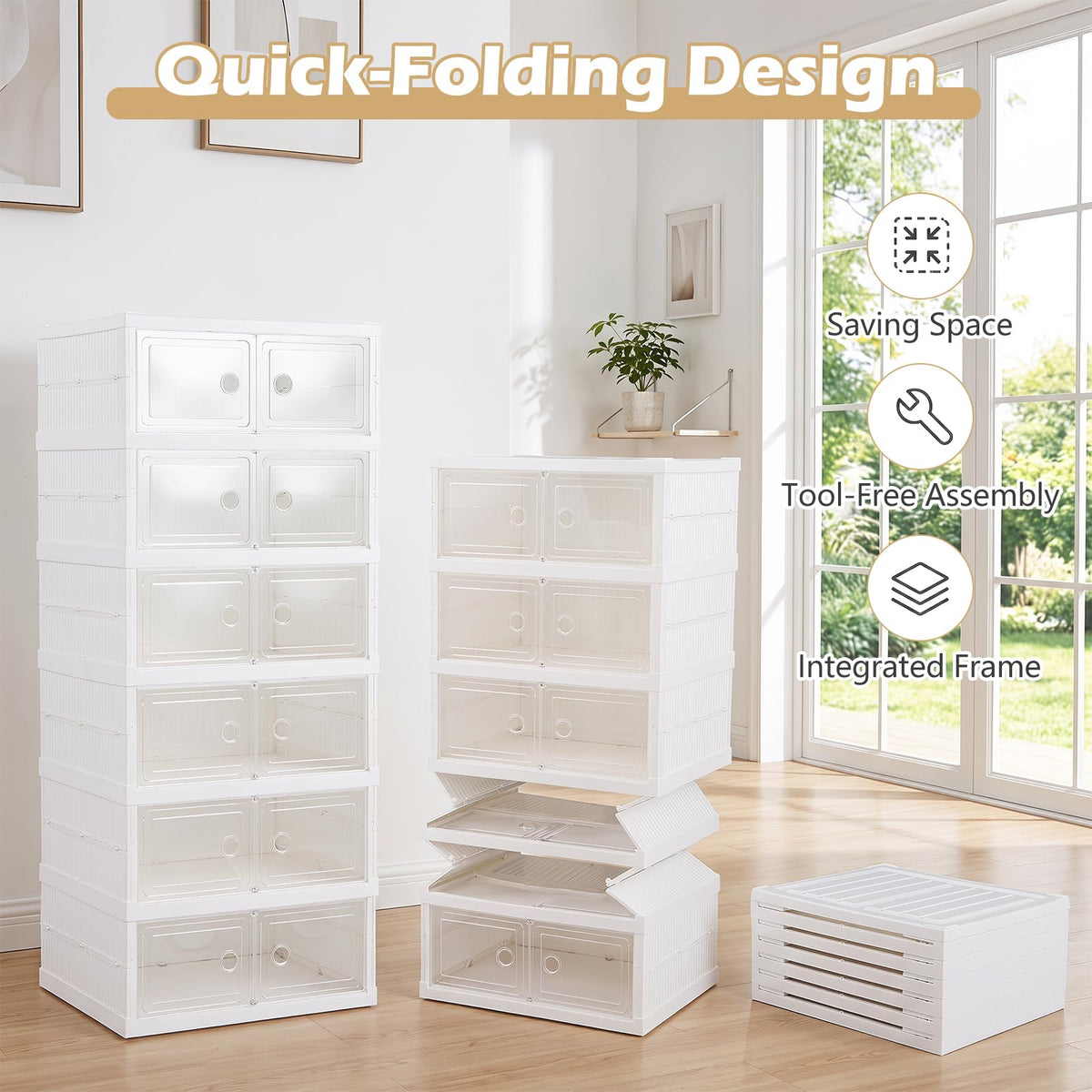 6-Tier Folding Plastic Shoe Organizer with Clear Doors and 12 Pairs for Entryway