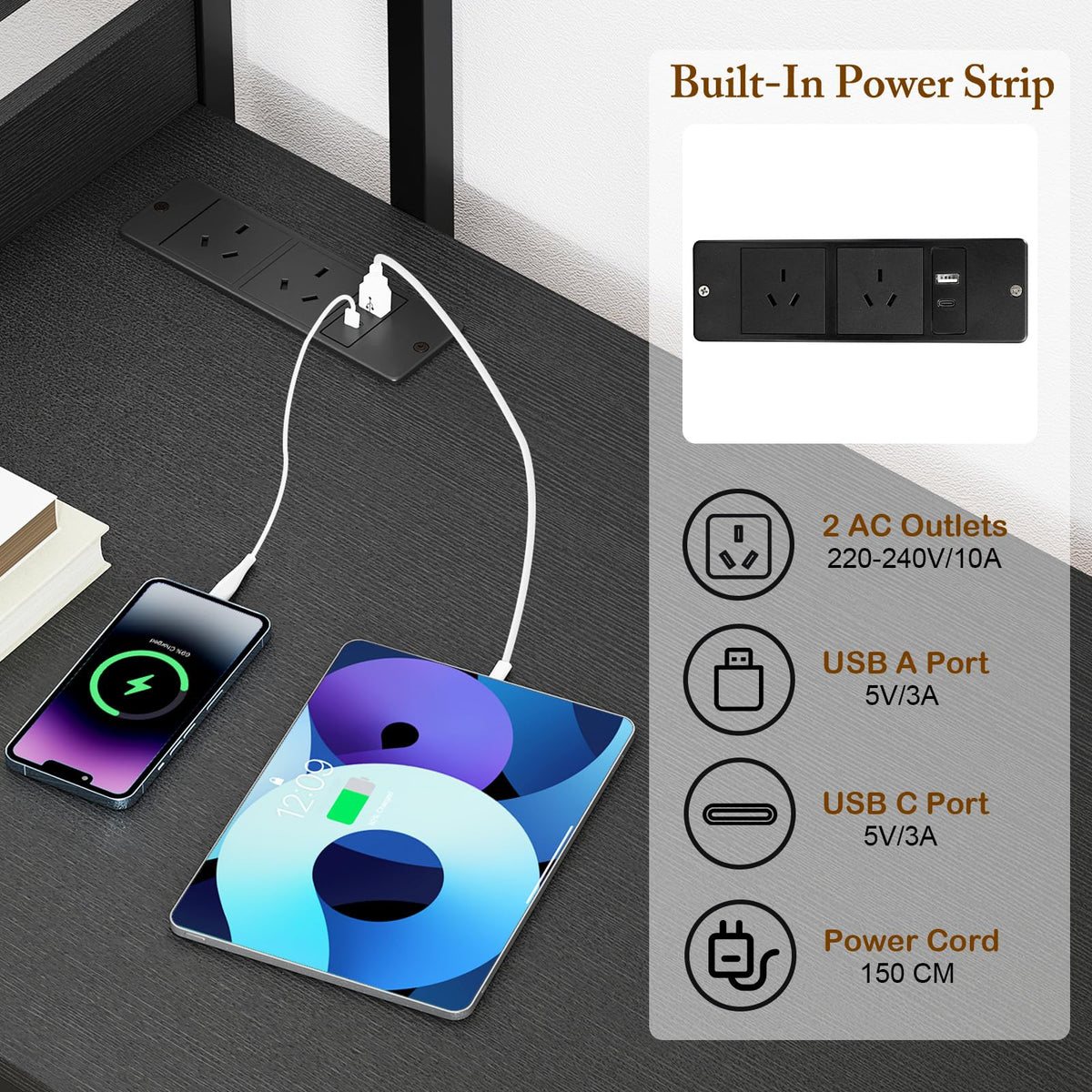 Computer Desk with Power Strip, 120 CM Study Writing Desk with Bookshelf, AC Outlets, USB Port