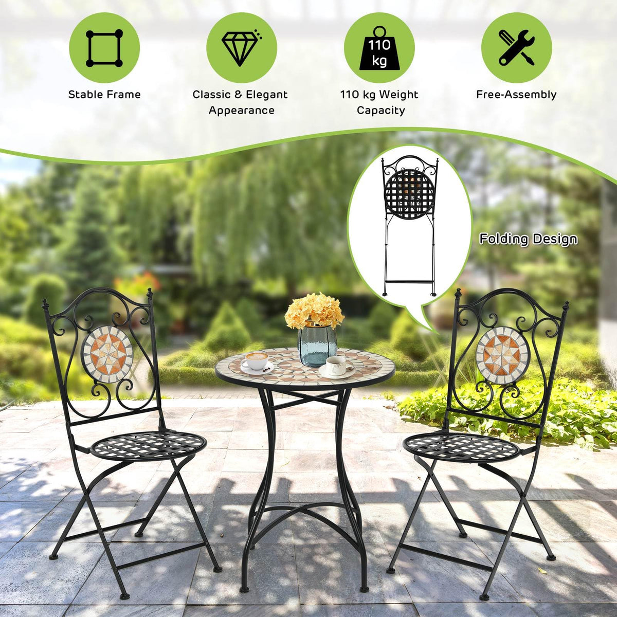 3 Piece Patio Bistro Set, Mosaic Pattern Metal Dining Set