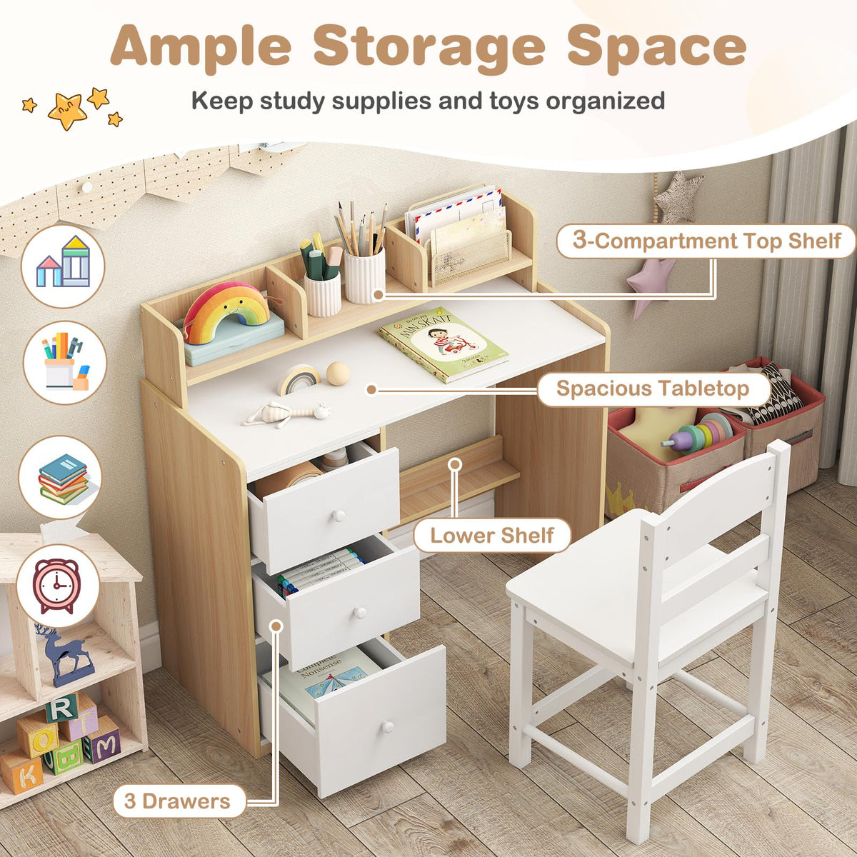 Kids Study Desk and Chair Set, Wooden Children Writing Desk