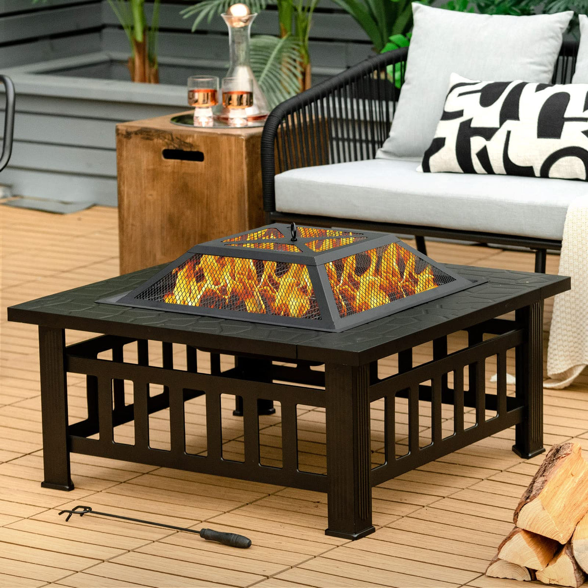 32” 3-in-1 Fire Pit, Outdoor Kitchen Charcoal BBQ Table Grill