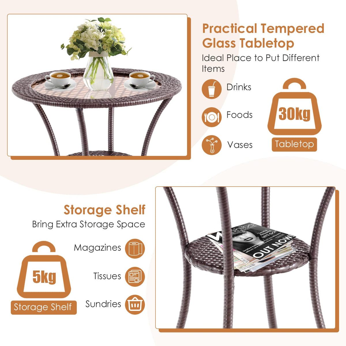 Giantex Outdoor Round Dining Table, Patio Bistro Table w/ Tempered Glass Tabletop & Storage Shelf, Brown