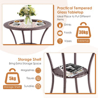 Giantex Outdoor Round Dining Table, Patio Bistro Table w/ Tempered Glass Tabletop & Storage Shelf, Brown