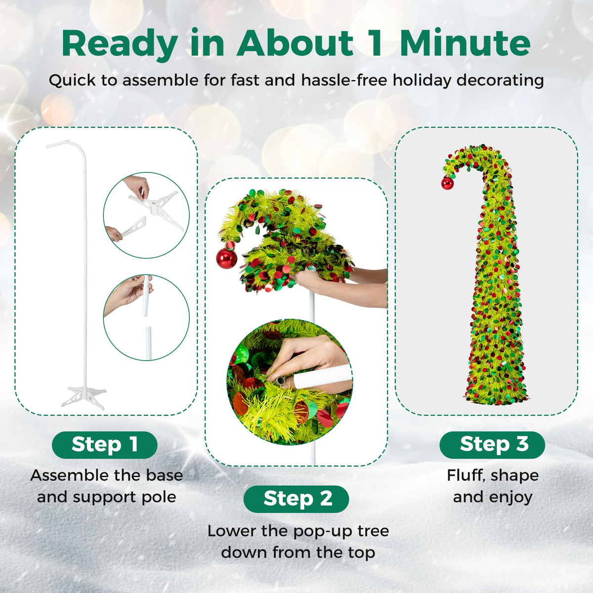 150 cm Pop Up Whimsical Christmas Tree with Top Ball Ornament for Home Office