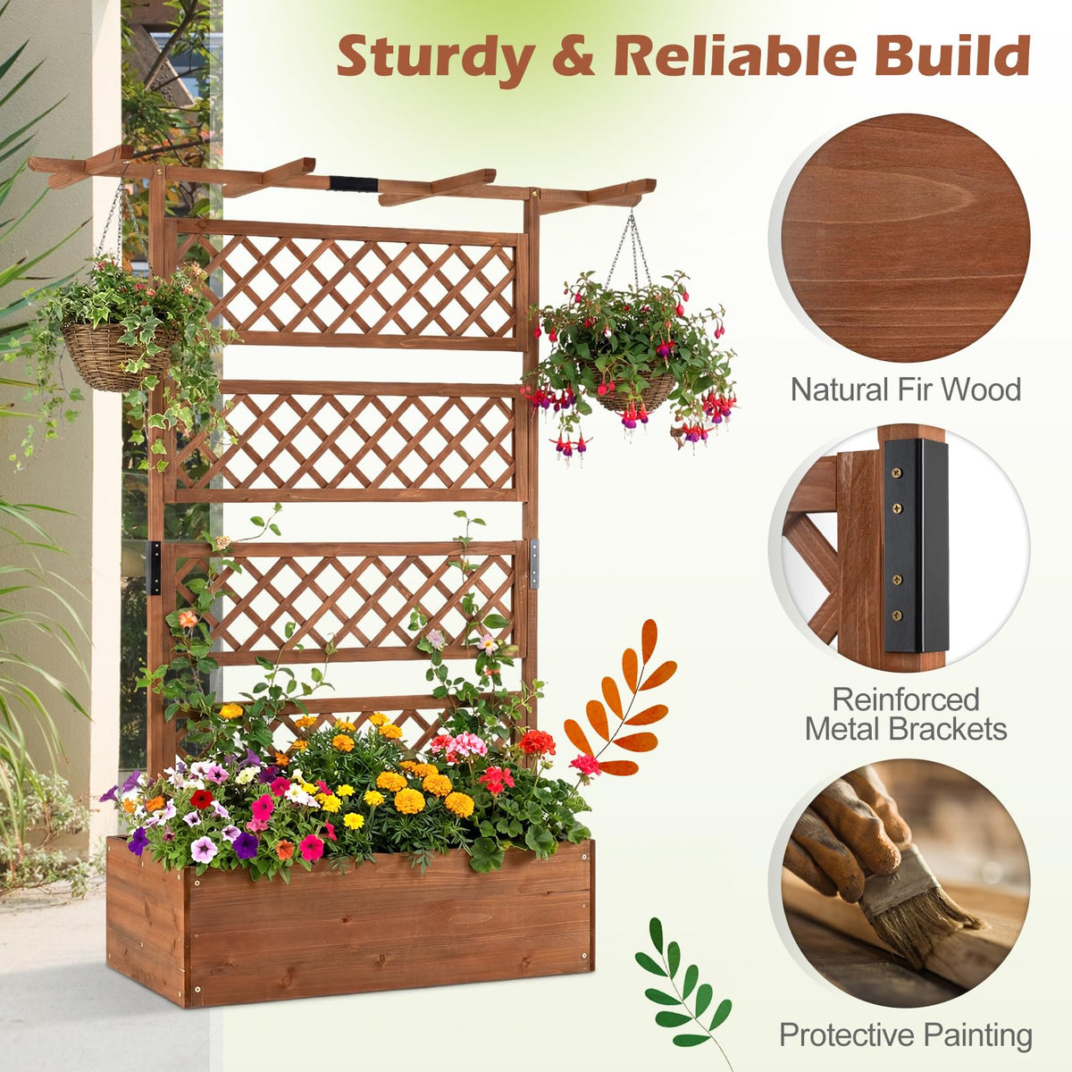 185cm Planter Box with Trellis and Flat Roof for Climbing Plants