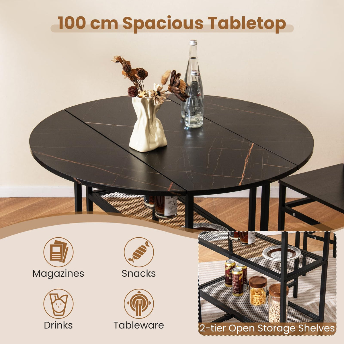 Mobile Folding Dining Table Seats 2-4 People, Round Drop Leaf Kitchen Table