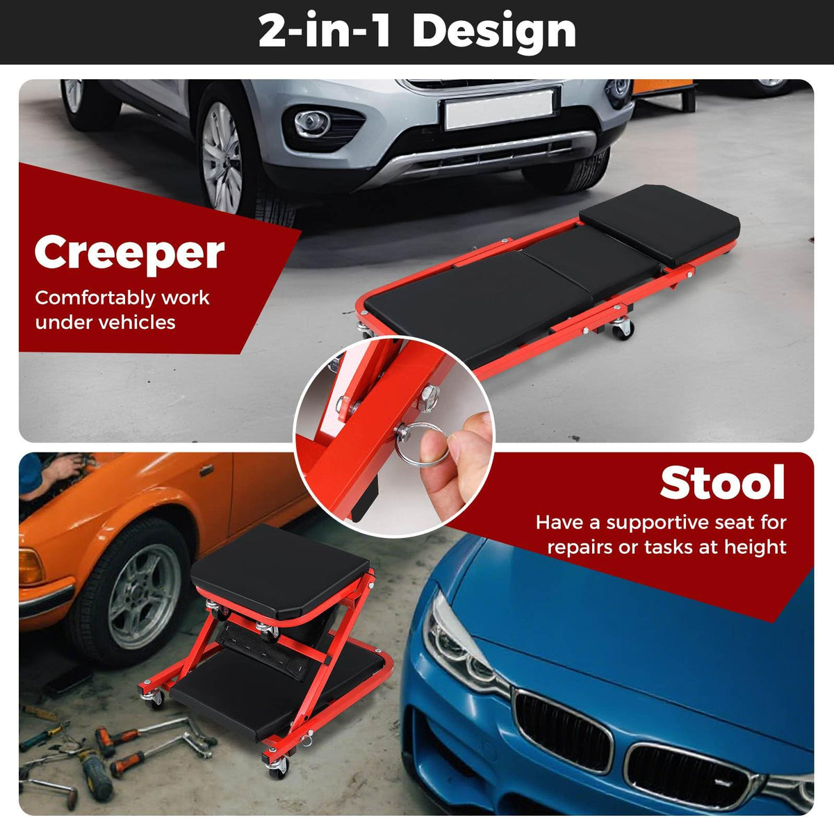 92 cm 2-in-1 Mechanic Creeper 150 kg Z Creeper Seat with Padded Seat