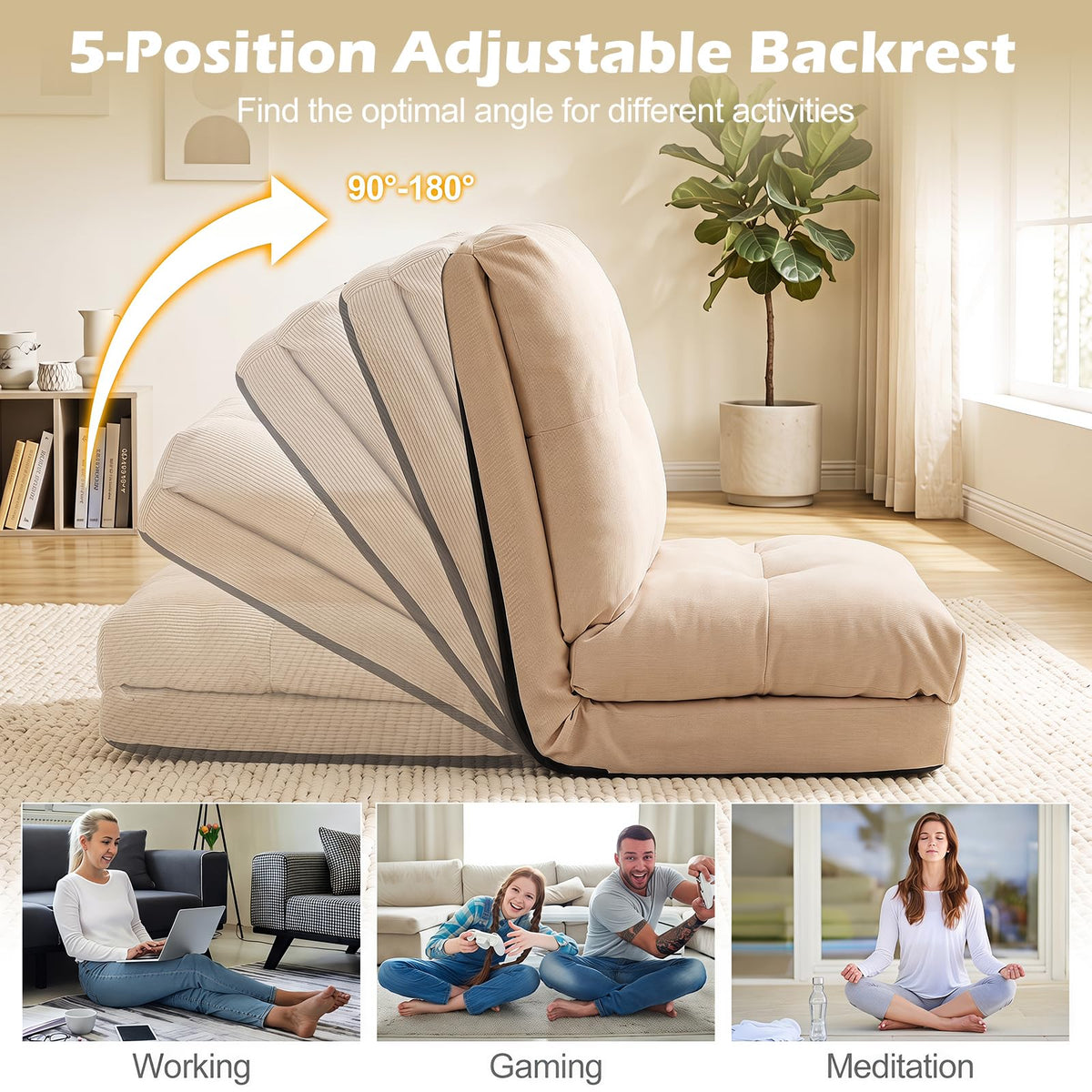 5-Level Adjustable Floor Chair with Back Support & Padded Cushions for Reading