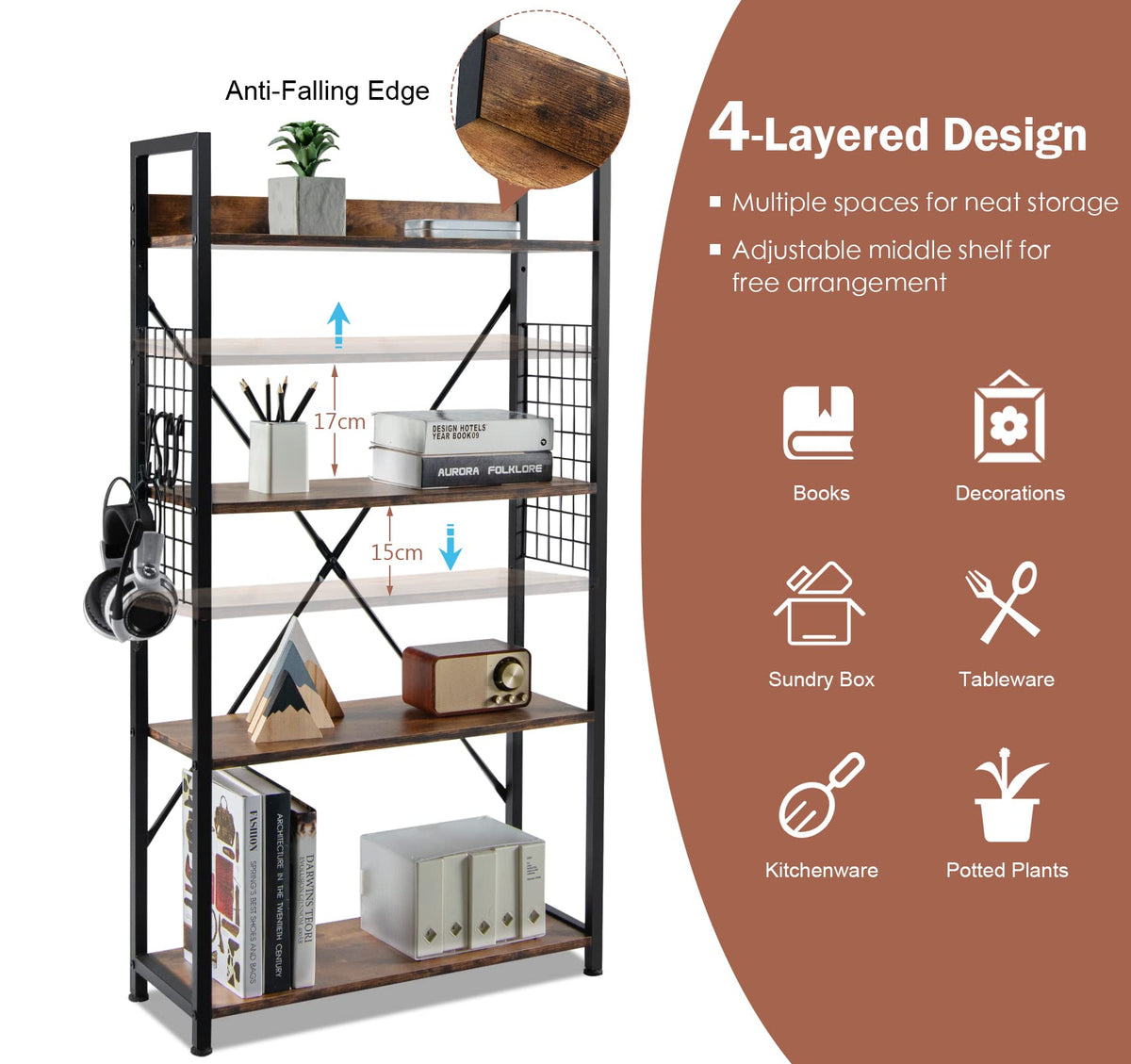 Giantex 4-Tier Bookshelf, Vintage Industrial Open Bookcase w/S-Shaped Hooks, Rustic Brown