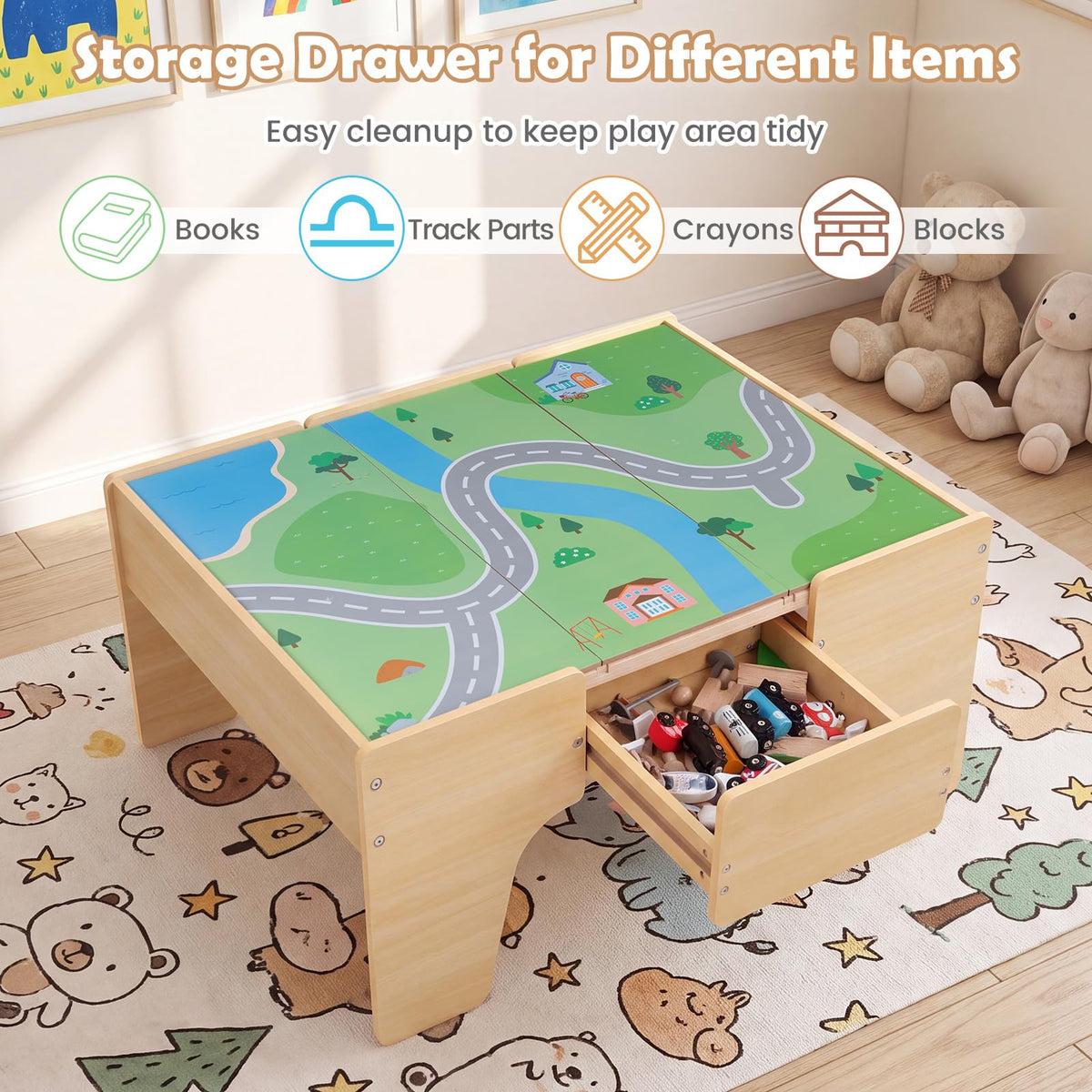 63-Piece Kids Wooden Train Table with Storage Drawer for Game Room