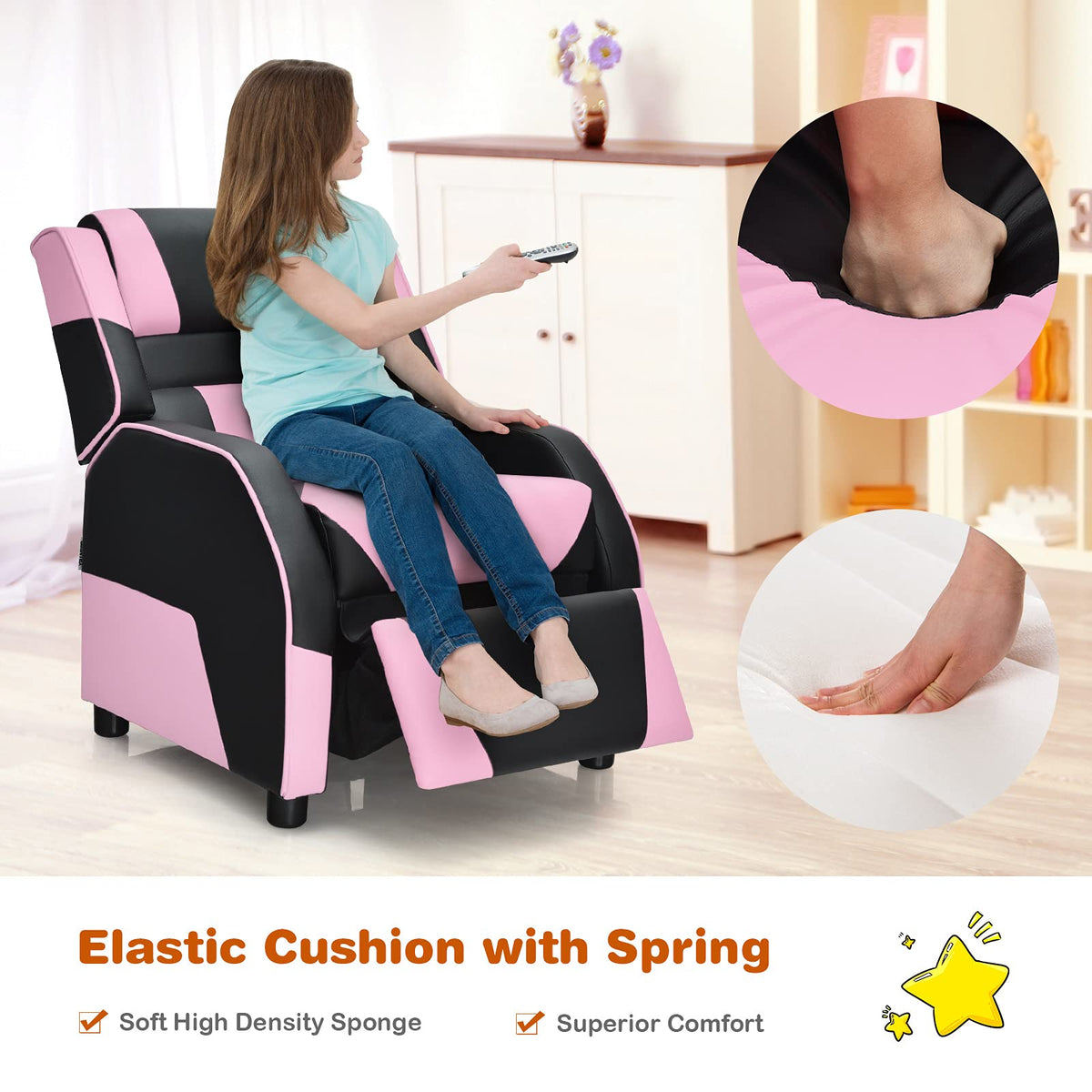 Kids Recliner Chair, Adjustable Recliner Sofa w/Footrest, Headrest & Lumbar Support, w/ Padded Seat, Pink & Black