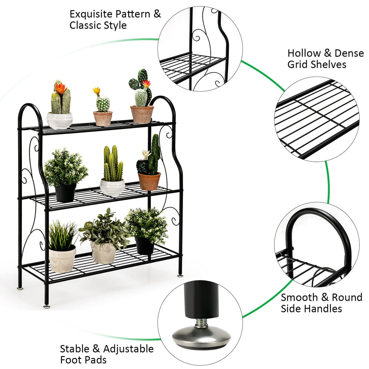 3-Tier Scrollwork Design Metal Plant Stand for Balcony Garden Yard