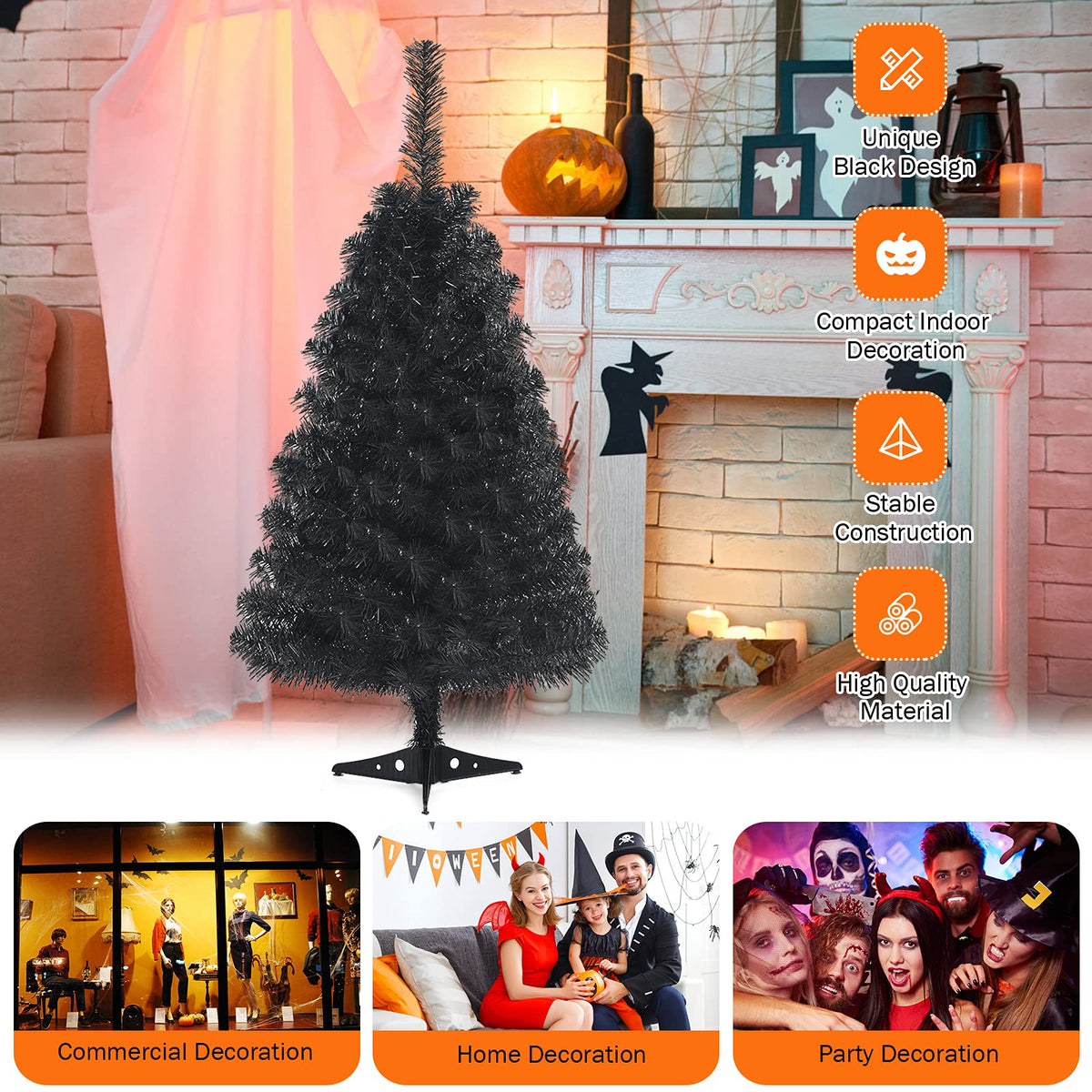 3ft Unlit Black Christmas Tree, Artificial Halloween Tree