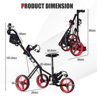 3-Wheel Folding Golf Push Cart, Multifunctional Push Pull Golf Trolley with Adjustable Handle