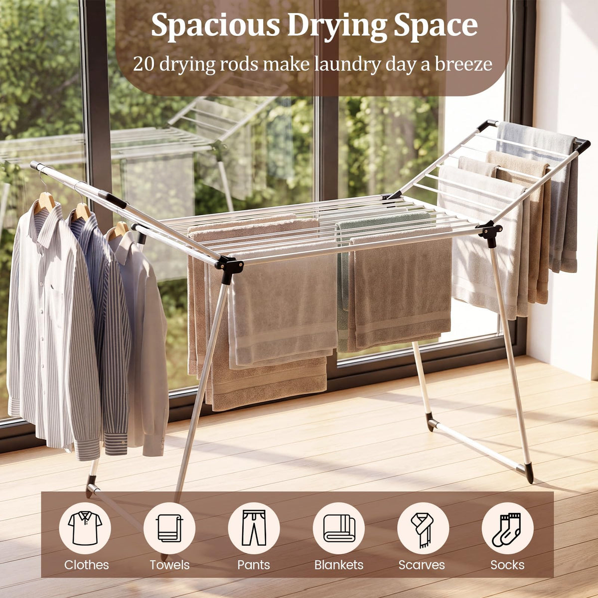 Foldable Laundry Rack with 2 Gullwings and Heavy Duty Metal Frame for Laundry Room