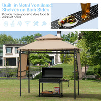 413 x 122cm Outdoor BBQ Grill Gazebo W/Dual Side Awnings, 2 Side Shelves, 8 Stakes Double-Tiered